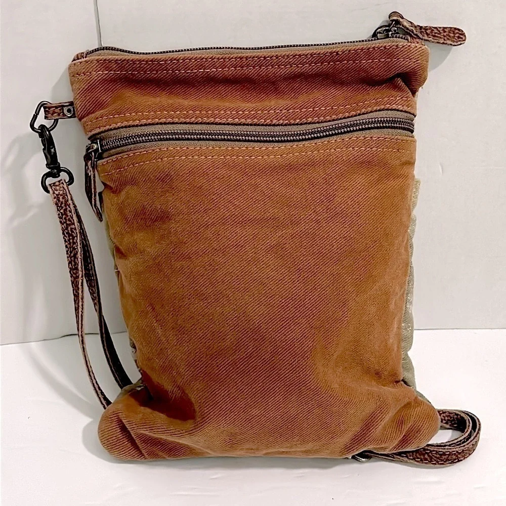 Myra cowhide leather and canvas upcycled crossbody bag EUC